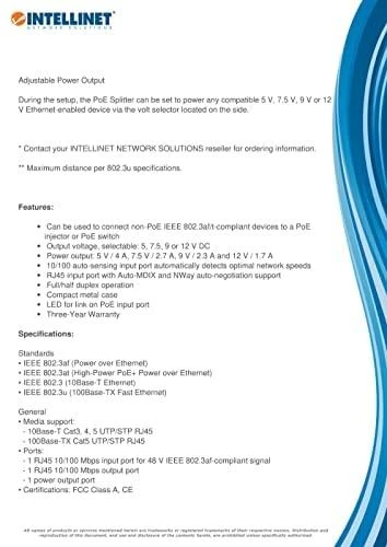 Šakotuvas „Intellinet Power over Ethernet“ (PoE+) skirstytuvas, IEEE802.3at, 5, 7,5, 9 arba 12 V nuolatinės srovės išėjimo įtampa