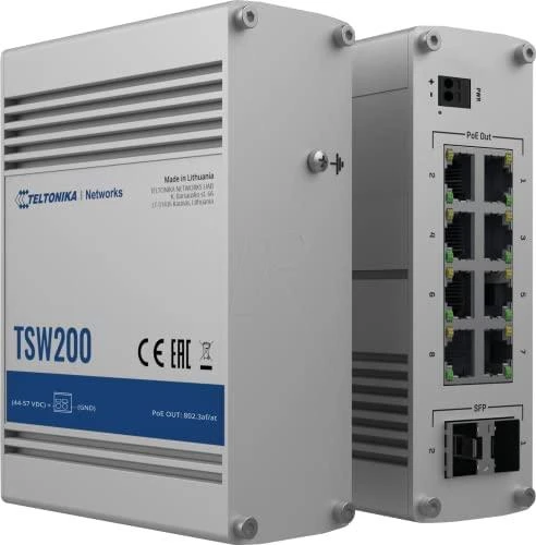 Teltonika | Ethernet komutatorius | TSW200 | Nevaldomas | Stalinis | Gigabito Ethernet (varinis) jungčių kiekis: 8 | 10 Gbps (RJ-45) jungčių kiekis: 0 | SFP jungčių kiekis: 2 | SFP+ jungčių kiekis: 0 | Combo jungčių kiekis: 0 | Maitinimo per Ethernet (PoE) jungčių kiekis: 8 | Maitinimo šaltinio tipas: Apsaugos klasė: IP30 | 24 mėn.