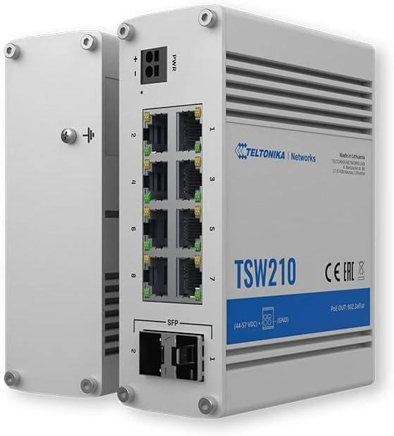 Šakotuvas Teltonika | Jungiklis | TSW210 | Nevaldomas | Tvirtinama prie sienos | Gigabit Ethernet (vario) jungtys kiekis 8 | SFP jungtys kiekis 2 | 24 mėn.