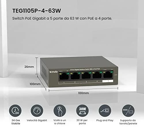 Šakotuvas Tenda TEG1105P-4-63W 5 X 10/100/1000Mbps jungiklis, 4 X PoE, maks. 58W