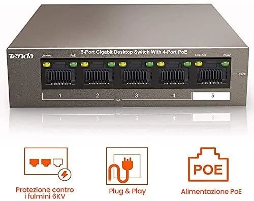 Šakotuvas Tenda TEG1105P-4-63W 5 X 10/100/1000Mbps jungiklis, 4 X PoE, maks. 58W
