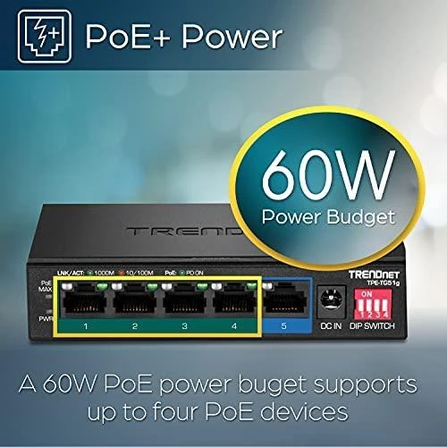 Šakotuvas TRENDNET 5 prievadų Gigabit PoE+ 60 W jungiklis