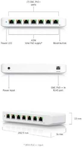 Šakotuvas UBIQUITI UniFi Switch Ultra 210 W / 8 privatumas / 2 jungikliai / 1 PoE++ lizdas / 7 PoE / PoE+ jungiklis / USW-Ultra-210 W