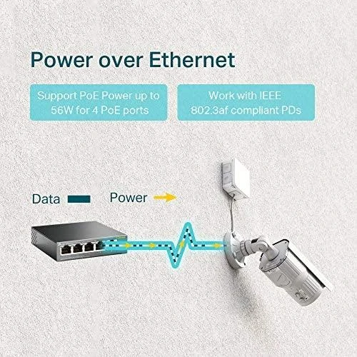 Šakotuvas TP-LINK 5 prievadų 10/100Mbps stalinis komutatorius su 4 prievadų PoE, 5 10/100Mbps RJ45 jungtimis, įskaitant 4 PoE jungtis, 58 W PoE maitinimo šaltinį, plienas