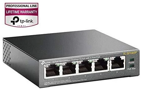 Šakotuvas TP-LINK 5 prievadų 10/100Mbps stalinis komutatorius su 4 prievadų PoE, 5 10/100Mbps RJ45 jungtimis, įskaitant 4 PoE jungtis, 58 W PoE maitinimo šaltinį, plienas