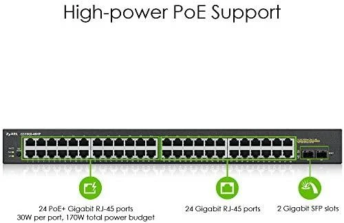 Šakotuvas ZYXEL GS1900-48HP V2, 48-PORT GBE L2 SMART SWITCH, 170 WATT RACKMOUNT (5Y WARRANTY)