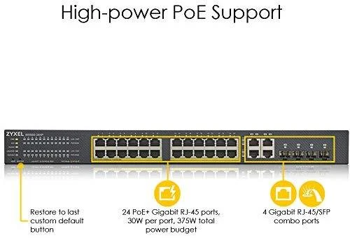 Šakotuvas ZYXEL GS1920-24HPV2, 28 prievadų išmanusis valdomas POE komutatorius, 24 gigabitų vario POE ir 4 gigabitų dviejų asmenų, hibridinis režimas, autonominis arba „Nebulaflex“ debesis, 375 vatų POE (5 metų garantija)