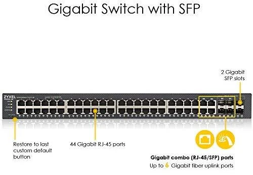 Šakotuvas ZYXEL GS1920-48V2, 50 prievadų išmanusis valdomas komutatorius, 48 gigabitų varinis ir 4 gigabitų dviejų asmenų, hibridinis režimas, autonominis arba „Nebulaflex“ debesis (5 metų garantija)