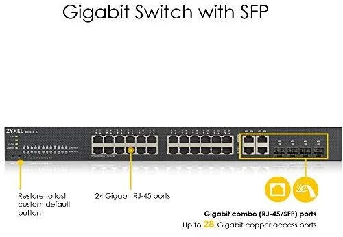 Šakotuvas ZYXEL GS1920-24V2, 28 prievadų išmanusis valdomas komutatorius, 24 gigabitų varinis ir 4 gigabitų dviejų asmenų, hibridinis režimas, autonominis arba „Nebulaflex“ debesis (5 metų garantija)