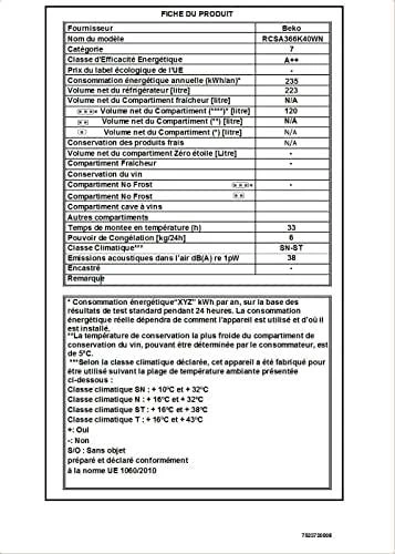 BEKO Šaldytuvas | RCSA366K40WN | Energy efficiency class E | Free standing | Combi | Height 185.2 cm | Šaldytuvas net capacity 223 L | Šaldiklis net capacity 120 L | 38 dB | Baltas