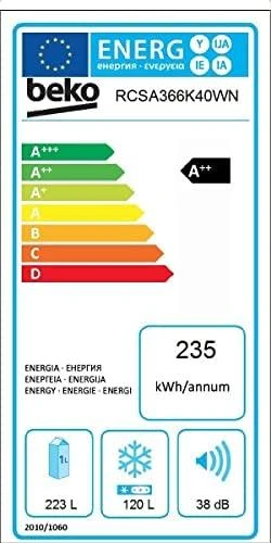 BEKO Šaldytuvas | RCSA366K40WN | Energy efficiency class E | Free standing | Combi | Height 185.2 cm | Šaldytuvas net capacity 223 L | Šaldiklis net capacity 120 L | 38 dB | Baltas