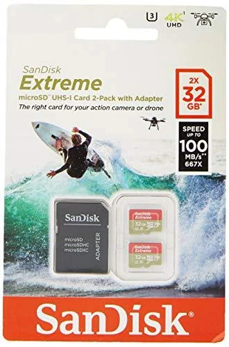 Atminties kortelė SanDisk Extreme Micro SDHC 32GB + SD Adapteriai veiksmo sporto kameroms - Twin Pack - 100MB/s A1 C10 V30 UHS-I U3; EAN: 619659155117