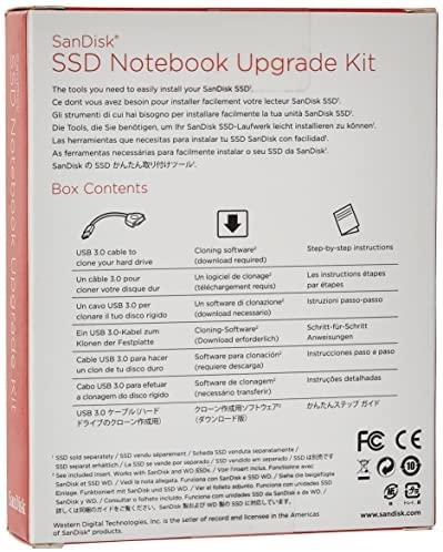 „SanDisk SSD“ nešiojamojo kompiuterio atnaujinimo įrankių rinkinį sudaro USB 3.0 į SATA laidas, instrukcijos, klonavimo programinė įranga