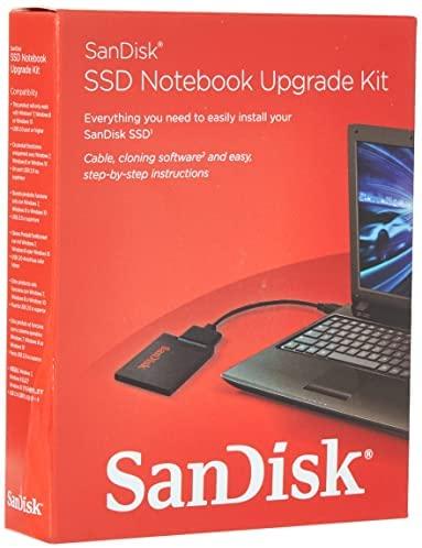 „SanDisk SSD“ nešiojamojo kompiuterio atnaujinimo įrankių rinkinį sudaro USB 3.0 į SATA laidas, instrukcijos, klonavimo programinė įranga