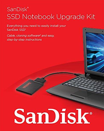 „SanDisk SSD“ nešiojamojo kompiuterio atnaujinimo įrankių rinkinį sudaro USB 3.0 į SATA laidas, instrukcijos, klonavimo programinė įranga