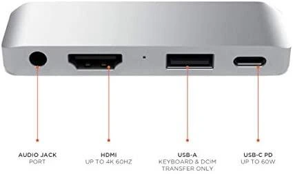 Satechi Aliuminio Mobile Pro Hub USB-C (USB-C 60W, 4K HDMI, USB-A 3.0, jack port) (sidabrinė)