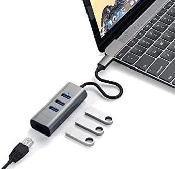 SATECHI Type-C 2-in-1 USB 3.0 aliuminio 3 prievadų šakotuvas ir Ethernet prievado erdvė pilka