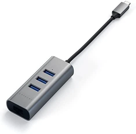 SATECHI Type-C 2-in-1 USB 3.0 aliuminio 3 prievadų šakotuvas ir Ethernet prievado erdvė pilka