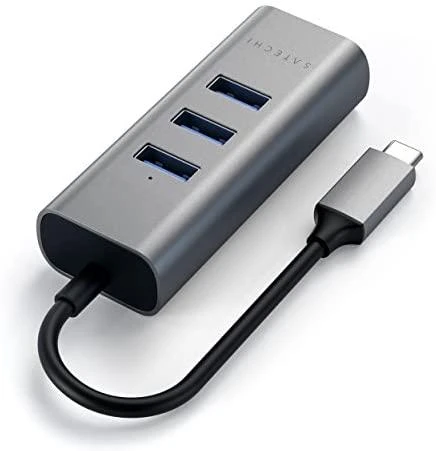 SATECHI Type-C 2-in-1 USB 3.0 aliuminio 3 prievadų šakotuvas ir Ethernet prievado erdvė pilka