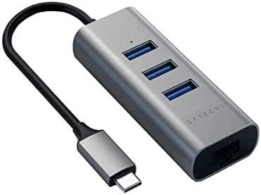 SATECHI Type-C 2-in-1 USB 3.0 aliuminio 3 prievadų šakotuvas ir Ethernet prievado erdvė pilka