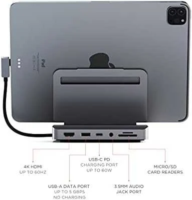 Jack „Satechi Aliuminio“, skirta „iPad Pro“ (USB-C, USB-A, 4K HDMI, mikro / SD kortelių skaitytuvas, lizdo prievadas) (tarpinis pilkas)
