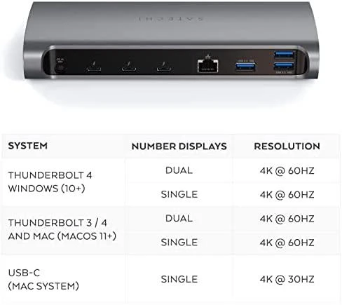 Satechi Thunderbolt 4 prijungimo stotelė su suderinamumo lentele