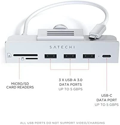 Satechi USB-C šakotuvas iMac su portų aprašymu