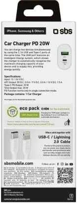 Automobilinis įkroviklis USB 2.1A Type-C 20W, gamintojas SBS Baltas