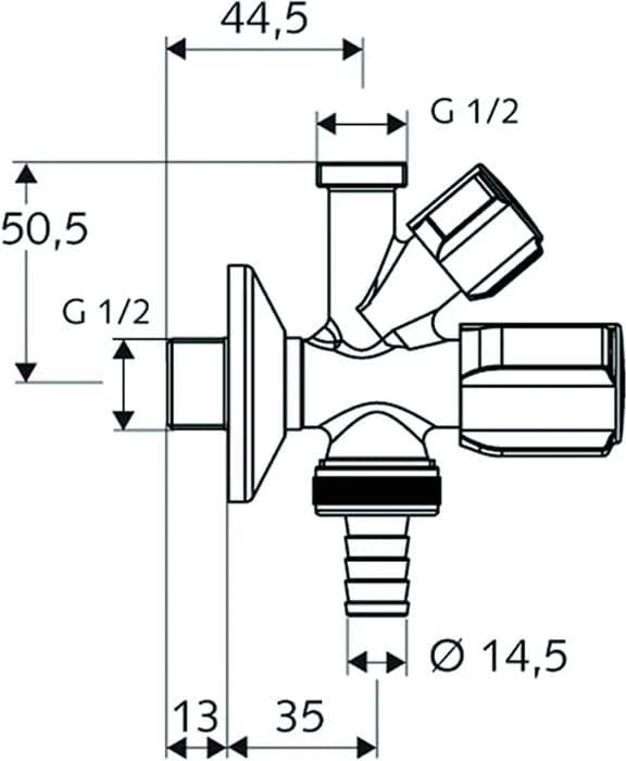 Kampinis ventilis Schell, 1/2" x 1/2" x 3/4" , kombinuotas