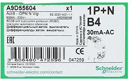 Schneider Electric Schneider Diferencijuotas srovės perjungiklis su perjungikliu 4A 30mA tipo AC 1- field + N - A9D55604