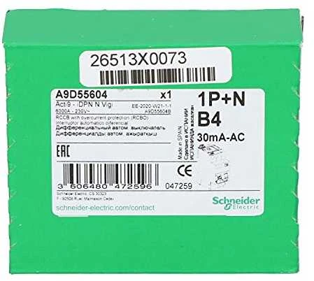 Schneider Electric Schneider Diferencijuotas srovės perjungiklis su perjungikliu 4A 30mA tipo AC 1- field + N - A9D55604