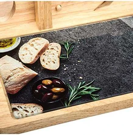 Secret De Gourmet Medinė lenta su pjaustykle, daugiafunkcis virtuvės aksesuaras su stikline lėkšte patiekalams patiekti