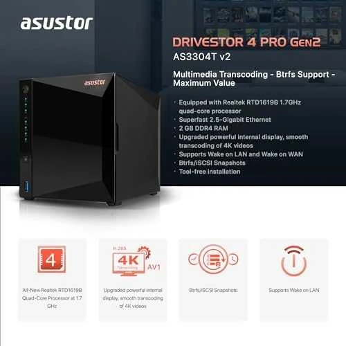 Serveris Asustor Asus Drivestor 4 Pro Gen2 | AS3304T V2 | Realtek | RTD1619B | Procesoriaus dažnis 1,7 GHz | 2 GB | DDR4 | Juodas