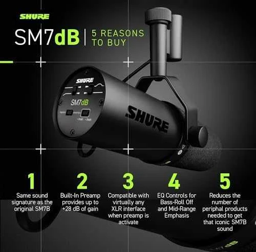 Shure | Dinaminis vokalinis mikrofonas su įmontuotu pirminiu stiprintuvu | SM7DB | Juodas