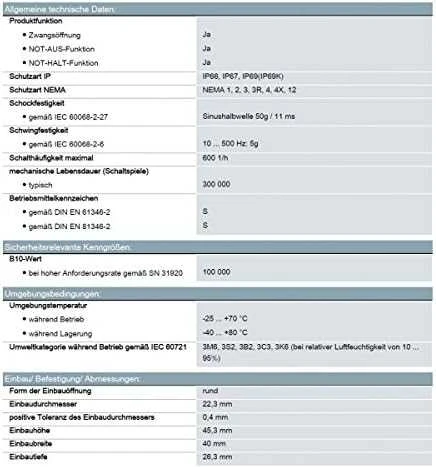 Siemens 3SU1050-1HA20-0AA0 techninių duomenų lentelė