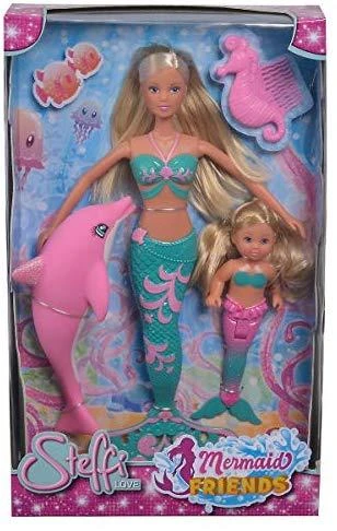 Simba Rinkinys Steffi i Evi syrenki 2 lalki Mermaid Friends + delfin i grzebień