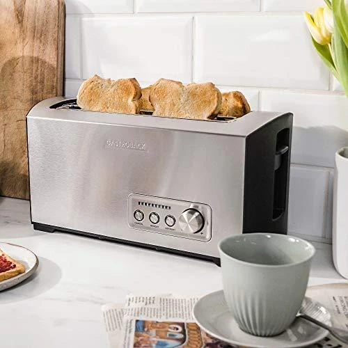Skrudintuvas Gastroback Toaster PRO 4S 42398 Stainless Steel/ juodas, Nerūdijantis plienas, 1500 W, Lizdų skaičius 4, Galios lygių skaičius 9, Į komplektaciją įeina bandelių šildytuvas