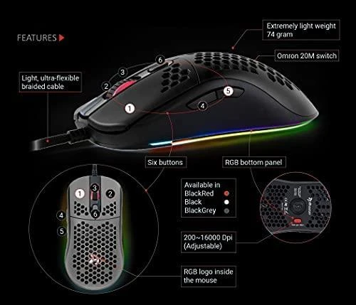 Itin lengva Žaidimų Pelė Arozzi Favo, su RGB pašvietimu, Pixart 3389 sensorius, Omron 20M switches, Juoda