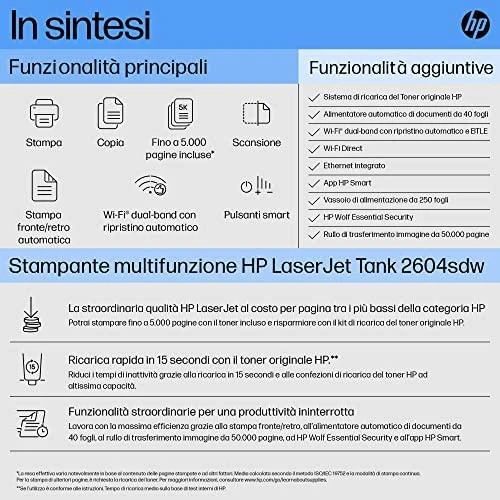 Hewlett Packard (HP) HP LaserJet Tank 2604sdw AIO All-in-One Spausdintuvas - A4 Mono lazerinis, Spausdinti/Kopijuoti/Dual-Side Scan, Automatinis dokumentų tiektuvas, Auto-Duplex, LAN, Wifi, 22ppm, 250-2500 puslapių per mėnesį (pakeičia Neverstop)