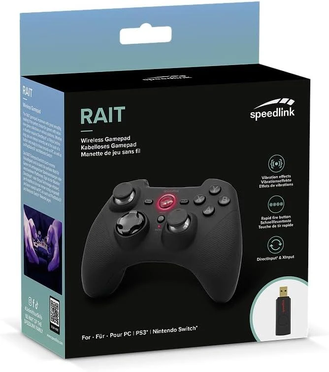 Speedlink – „Rait“ belaidis žaidimų pultas – PC/PS3/Switch/OLED, juodos spalvos, guminis