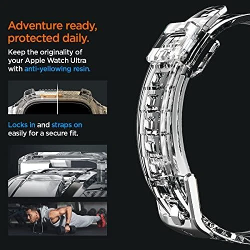 „Spigen Rugged Armor Pro“ dėklas – apyrankė su dėklu, skirta „Apple Watch Ultra“ 49 mm (skaidrus)