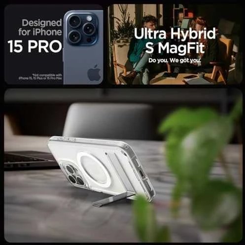 Spigen Ultra Hybrid S (MagFit) dėklas skirtas Apple iPhone 15 Pro, spalva - Crystal Clear