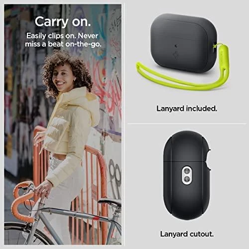Spigen silikoninis dėklas Silicone Fit juodas + dirželis Phantom Žalias – AirPods Pro (2-os kartos)
