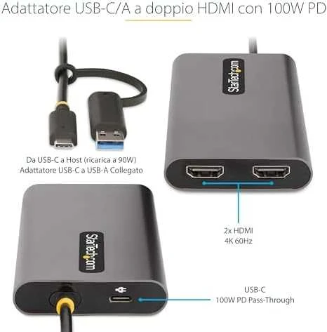 StarTech USB-C į dvigubą HDMI adapterį su PD jungtimis