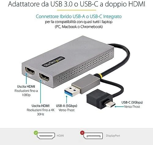 StarTech USB-A/C į dvigubą HDMI adapterį su jungčių schema
