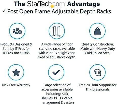 „StarTech“ 12U reguliuojamas „Gylis“ atviro rėmo 4 postų serverių stovas su ratukais, lygintuvais ir kabelių tvarkymo kabliukais