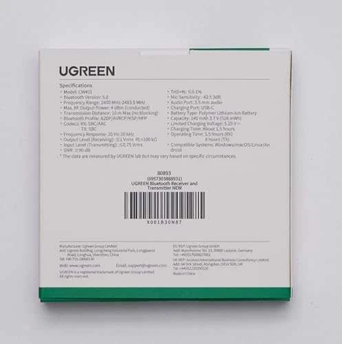 UGREEN CM403 AUX siųstuvas / imtuvas, Bluetooth 5.0 (juodas)