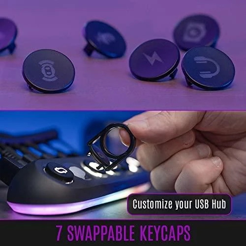 „Streamplify HUB DECK 5“, 4x USB 3.0, 1x USB 2.0, RGB, 12V, ES maitinimo laidas – juodos spalvos