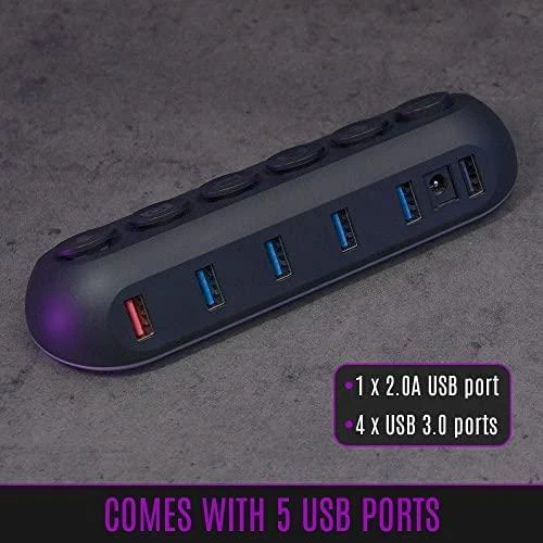 „Streamplify HUB DECK 5“, 4x USB 3.0, 1x USB 2.0, RGB, 12V, ES maitinimo laidas – juodos spalvos