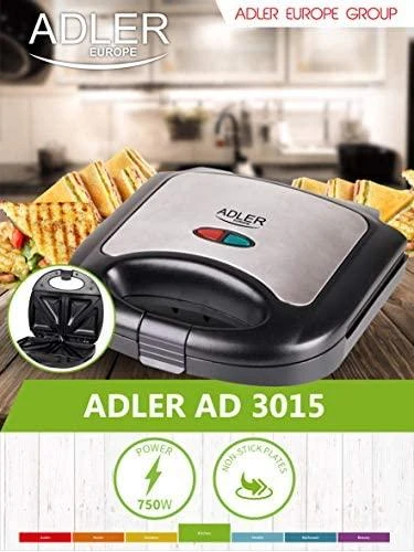 Sumuštinių keptuvas Adler | Sumuštinių keptuvė | AD 3015 | 750 W | Lentelių skaičius 1 | Kepinių skaičius 2 | Juodas